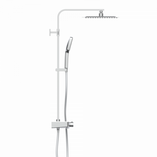 Duschsystem mit eckiger Kopfbrause, Handbrause, Thermostat und verstellbarer Wandstange aus Metall.