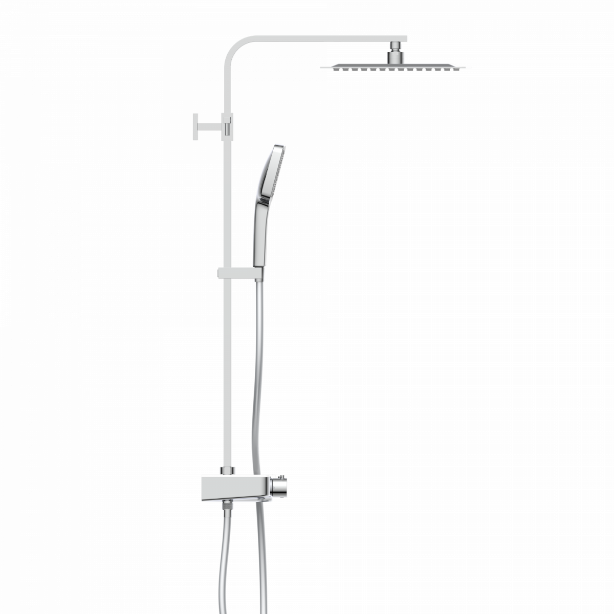 Duschsystem mit eckiger Kopfbrause, Handbrause, Thermostat und verstellbarer Wandstange aus Metall.