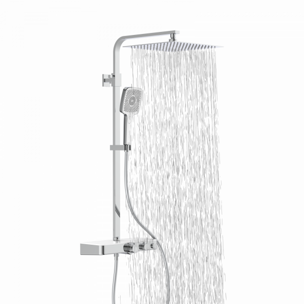 Duschsystem mit eckiger Kopfbrause, Handbrause, Thermostat und herabfließendem Wasserstrahl.