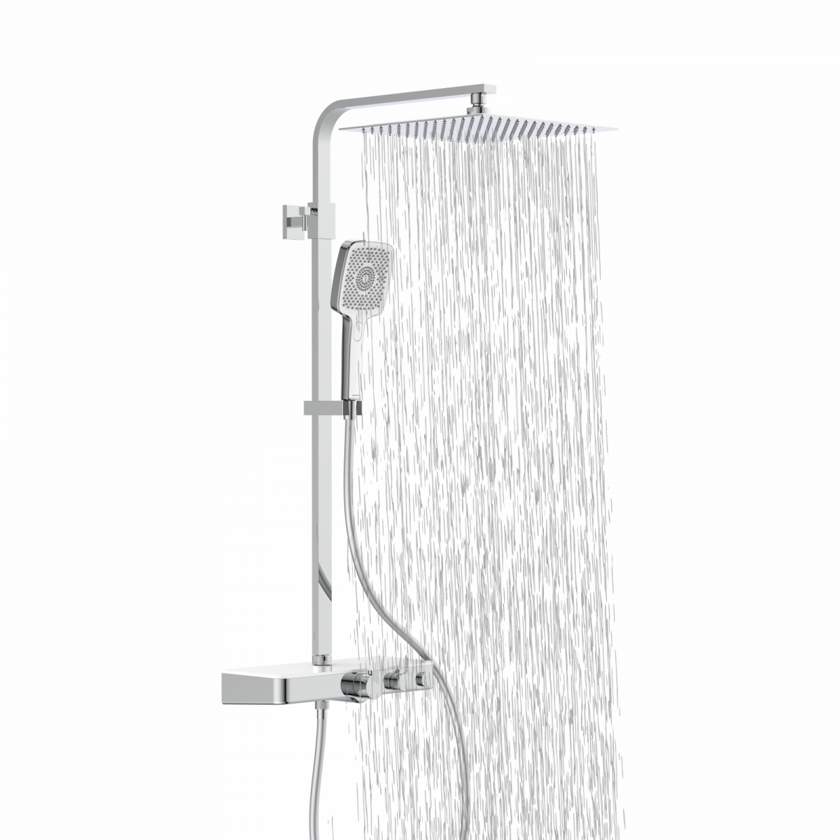 Duschsystem mit eckiger Kopfbrause, Handbrause, Thermostat und herabfließendem Wasserstrahl.