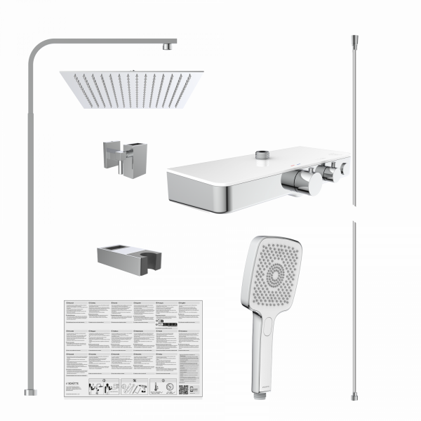 Duschsystem mit rechteckiger Kopfbrause, Handbrause, Thermostat, Stange und Zubehörteilen.