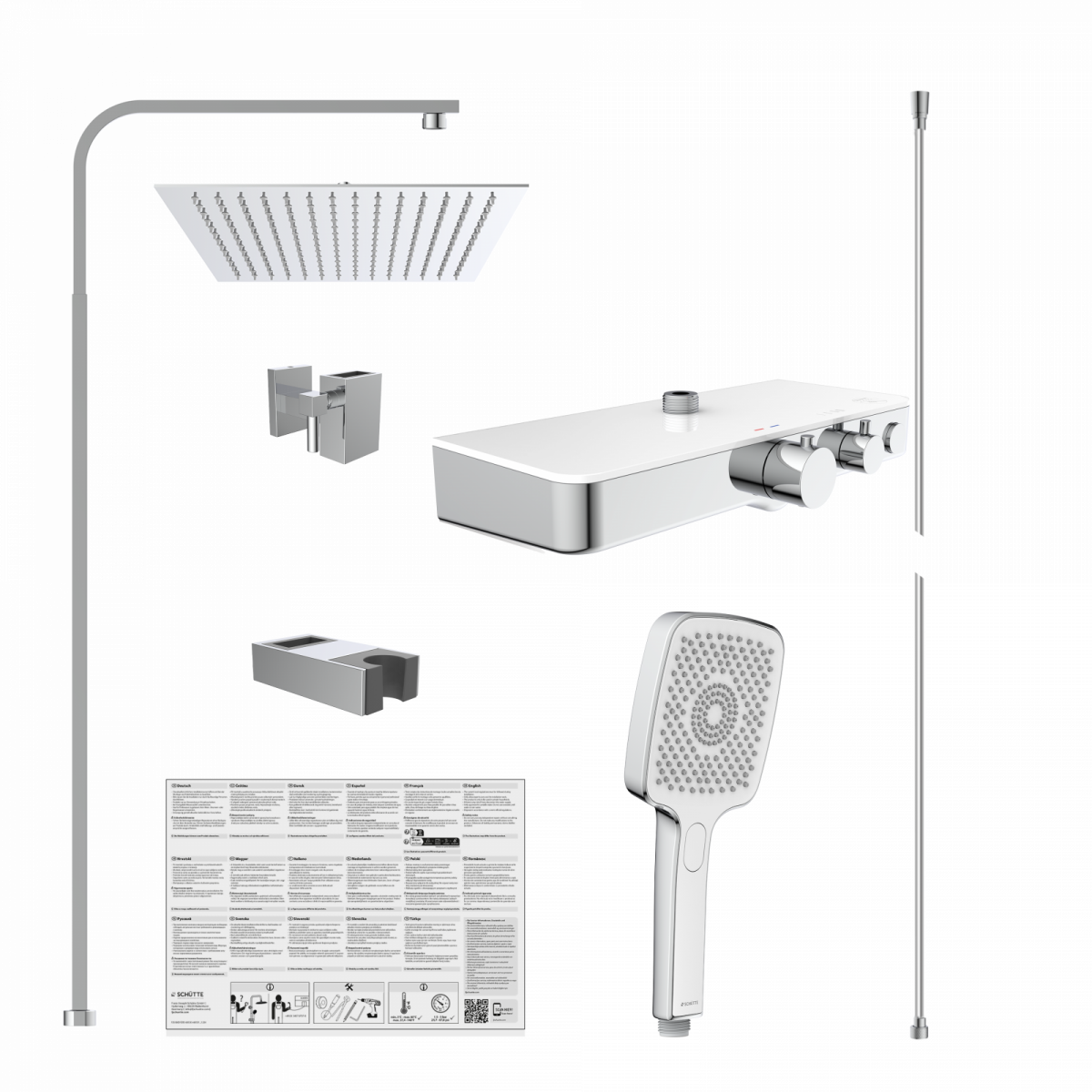 Duschsystem mit rechteckiger Kopfbrause, Handbrause, Thermostat, Stange und Zubehörteilen.