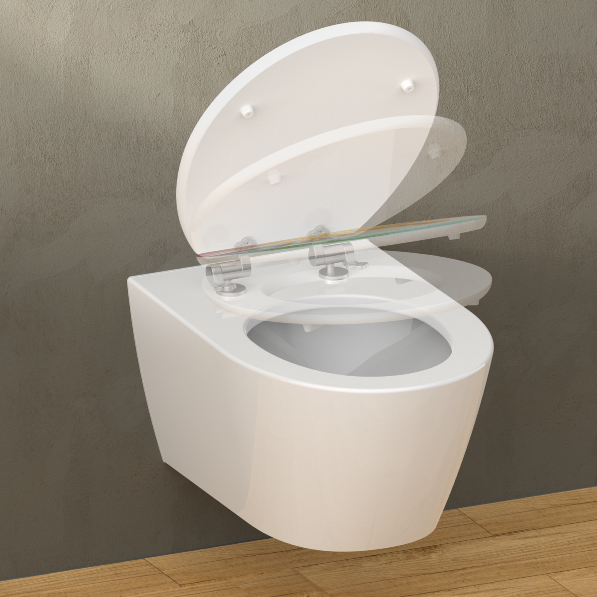 Weiße wandhängende Toilette mit weißem WC-Sitz und Absenkautomatik