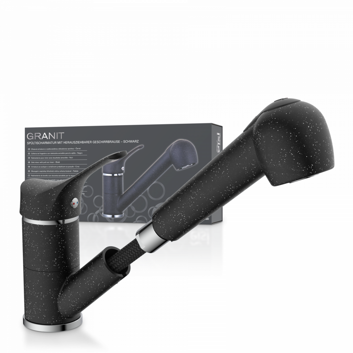 Spültischarmatur GRANIT, herausziehbarer Geschirrbrause, schwenkbar, Granit/Schwarz