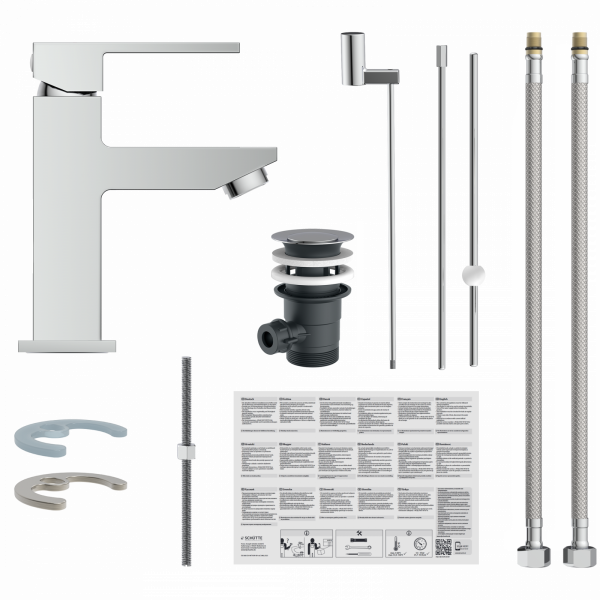 Einzelteile eines Waschbeckenarmaturen-Sets mit Mischbatterie, Ablaufgarnitur, Schläuchen und Zubehör.