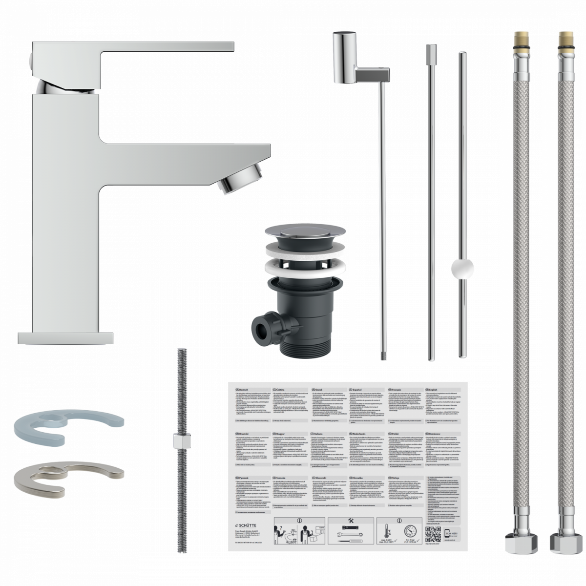 Einzelteile eines Waschbeckenarmaturen-Sets mit Mischbatterie, Ablaufgarnitur, Schläuchen und Zubehör.