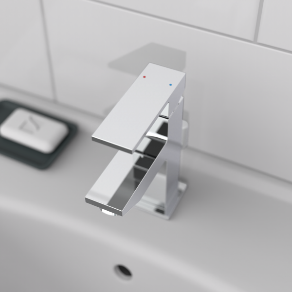 Chromfarbene Einhebelmischbatterie mit rechteckiger Form auf weißem Waschbecken.