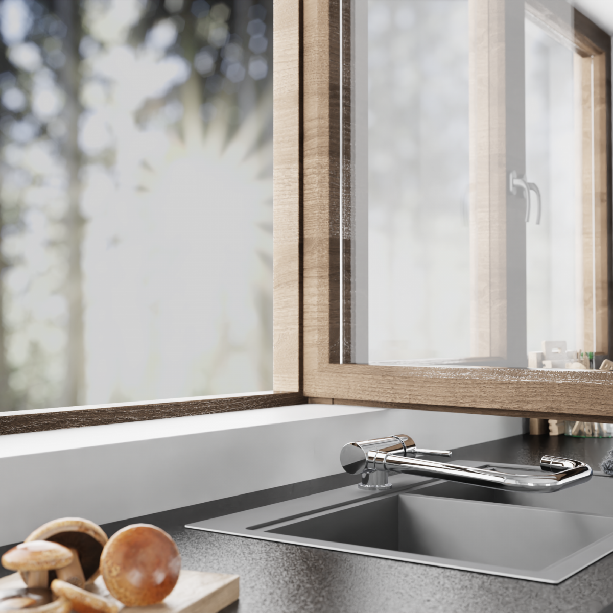 Küchenspüle mit verchromter Armatur unter geöffnetem Holzfenster und Pilzen auf der Arbeitsplatte.