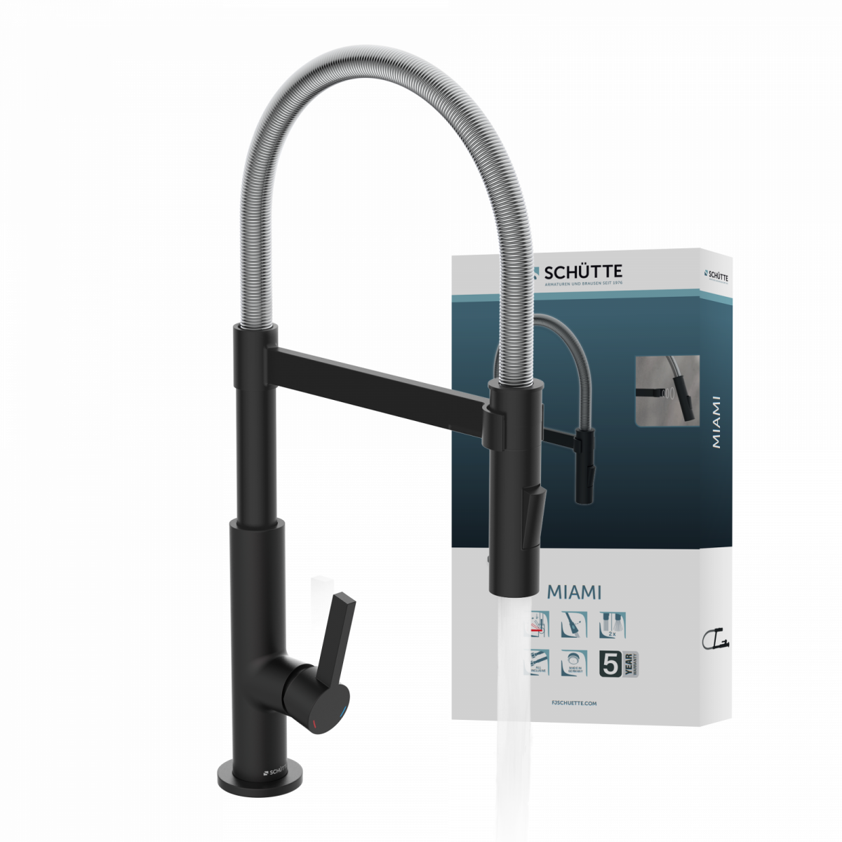Schwarze Küchenarmatur mit flexiblem Metallfederschlauch vor Produktverpackung - MIAMI.