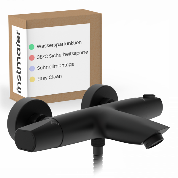 Schwarze Duscharmatur mit zwei Griffen vor Verpackung mit Funktionshinweisen.