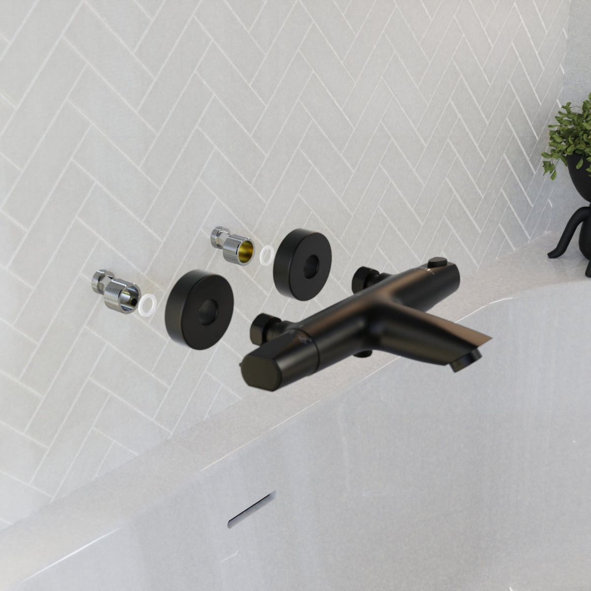 Schwarze Wandarmatur mit sichtbaren Anschlüssen über einer weißen Badewanne.