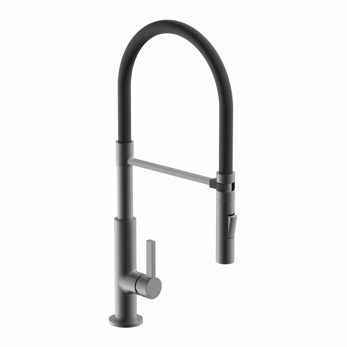 Schwarze Küchenarmatur mit hohem flexiblem Auslauf und seitlichem Bedienhebel.