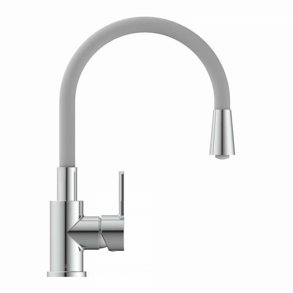 Küchenarmatur aus Chrom mit hohem grauem Flexschlauch und seitlichem Hebelgriff.