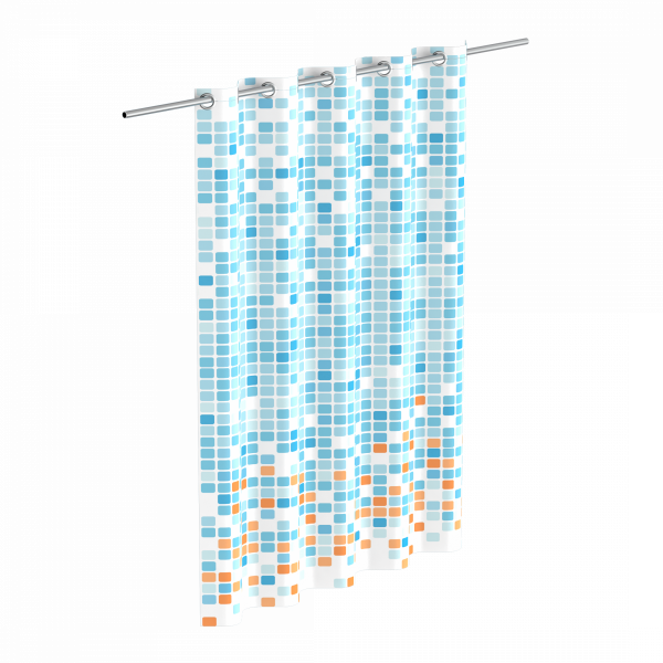 Duschvorhang mit quadratischem Muster in Blau-, Grau- und Orangetönen auf weißem Hintergrund.