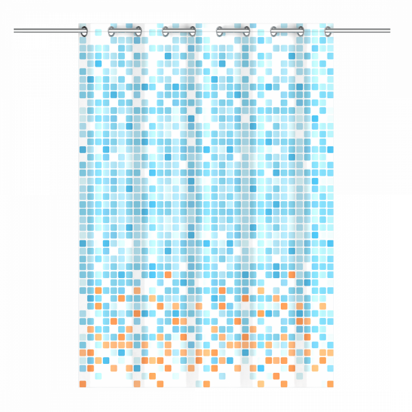 Duschvorhang mit quadratischem Muster in Blau- und Orangetönen auf weißem Hintergrund.