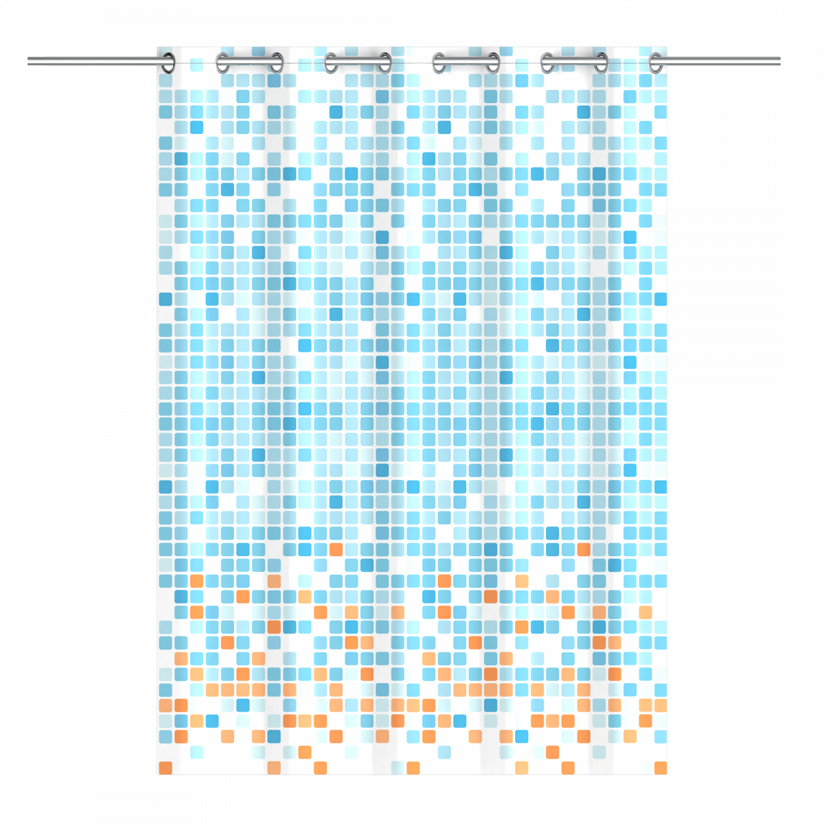 Duschvorhang mit quadratischem Muster in Blau- und Orangetönen auf weißem Hintergrund.