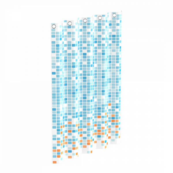 Duschvorhang mit blau-orangem Quadratmuster und Metallösen am oberen Rand.