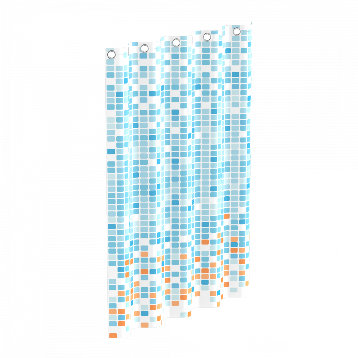 Duschvorhang mit blau-orangem Quadratmuster und Metallösen am oberen Rand.