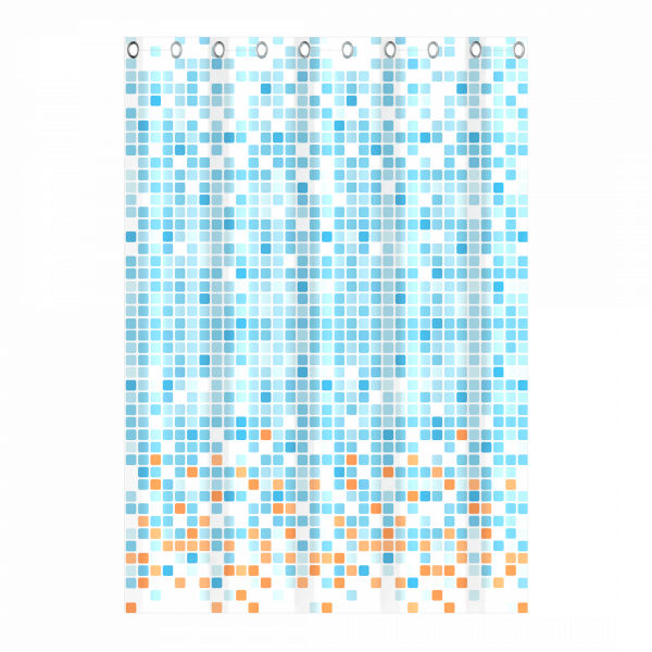 Duschvorhang mit quadratischem Muster in Blau- und Orangetönen auf weißem Hintergrund.