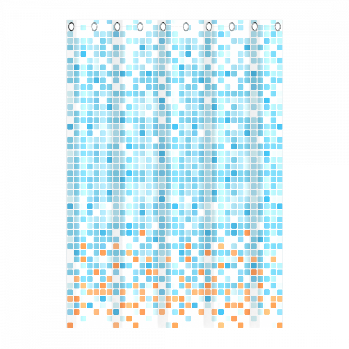 Duschvorhang mit quadratischem Muster in Blau- und Orangetönen auf weißem Hintergrund.