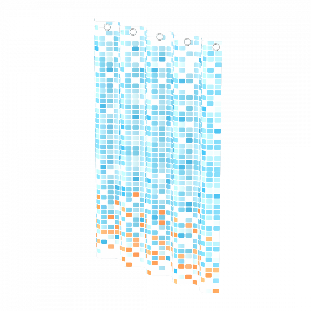 Duschvorhang mit quadratischem Muster in Blau- und Orangetönen auf weißem Hintergrund