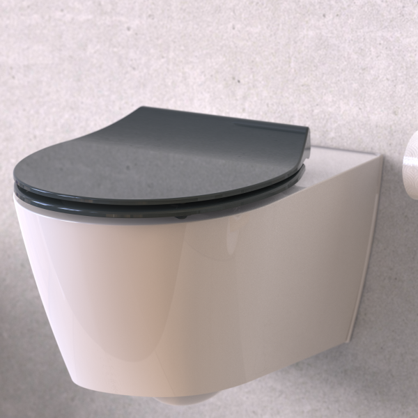 Wandhängende Toilette mit schwarzem WC-Sitz und geschlossenem Deckel.