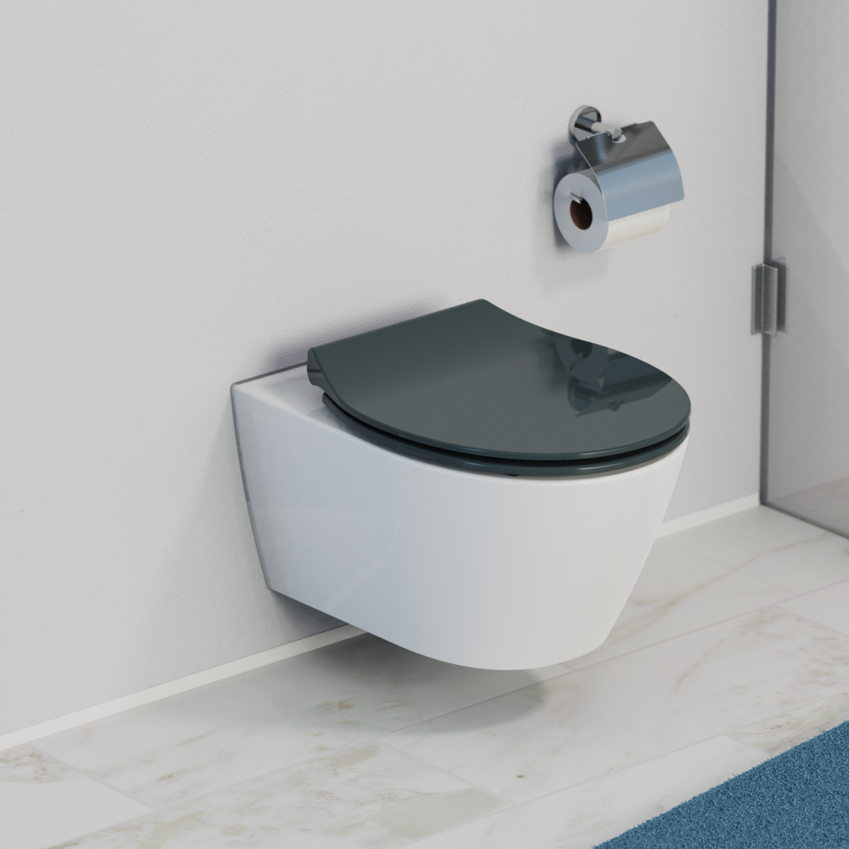 Wandhängendes WC mit schwarzem Toilettensitz und silbernem Rollenhalter an der Wand.