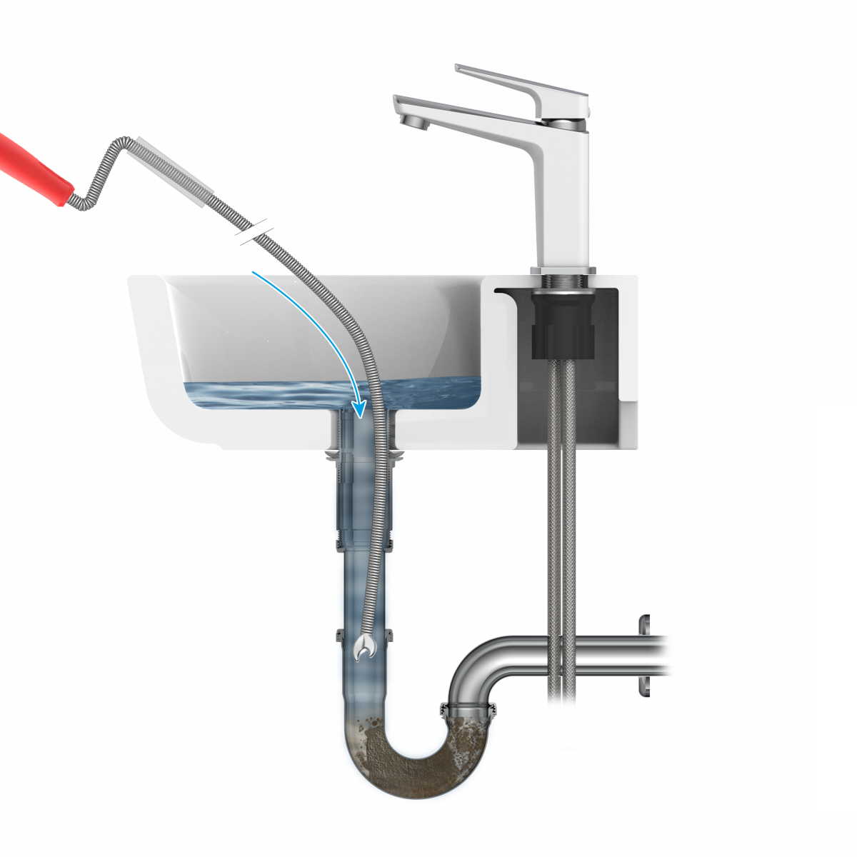 Querschnitt eines Waschbeckens mit Abflussrohr, Spiralschlauch reinigt den Siphon.