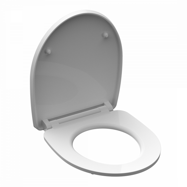 Weißer WC-Sitz mit geöffneter ovaler Brille und angehobenem Deckel.