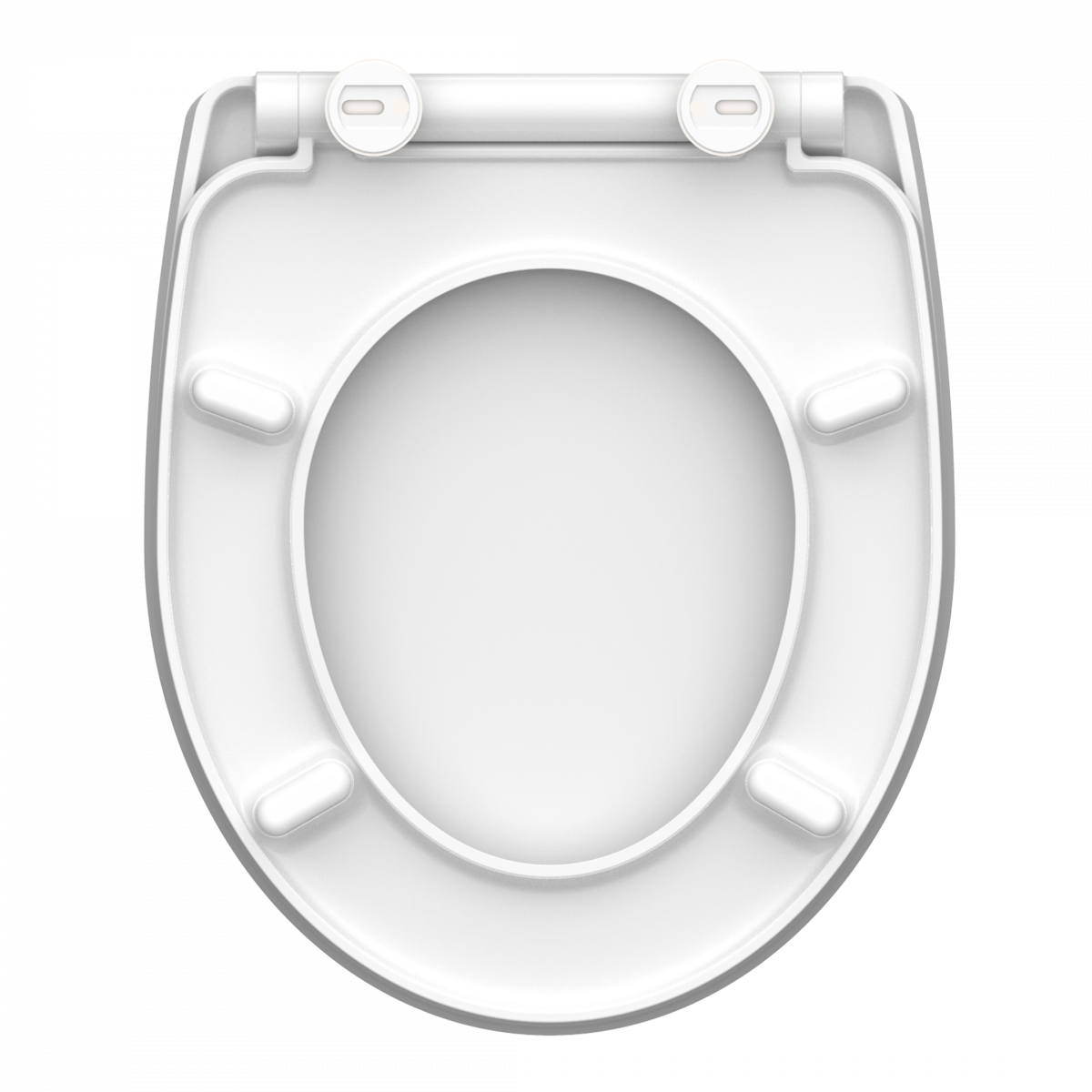Weiße WC-Sitzunterseite mit ovaler Öffnung und vier rutschfesten Auflagen.