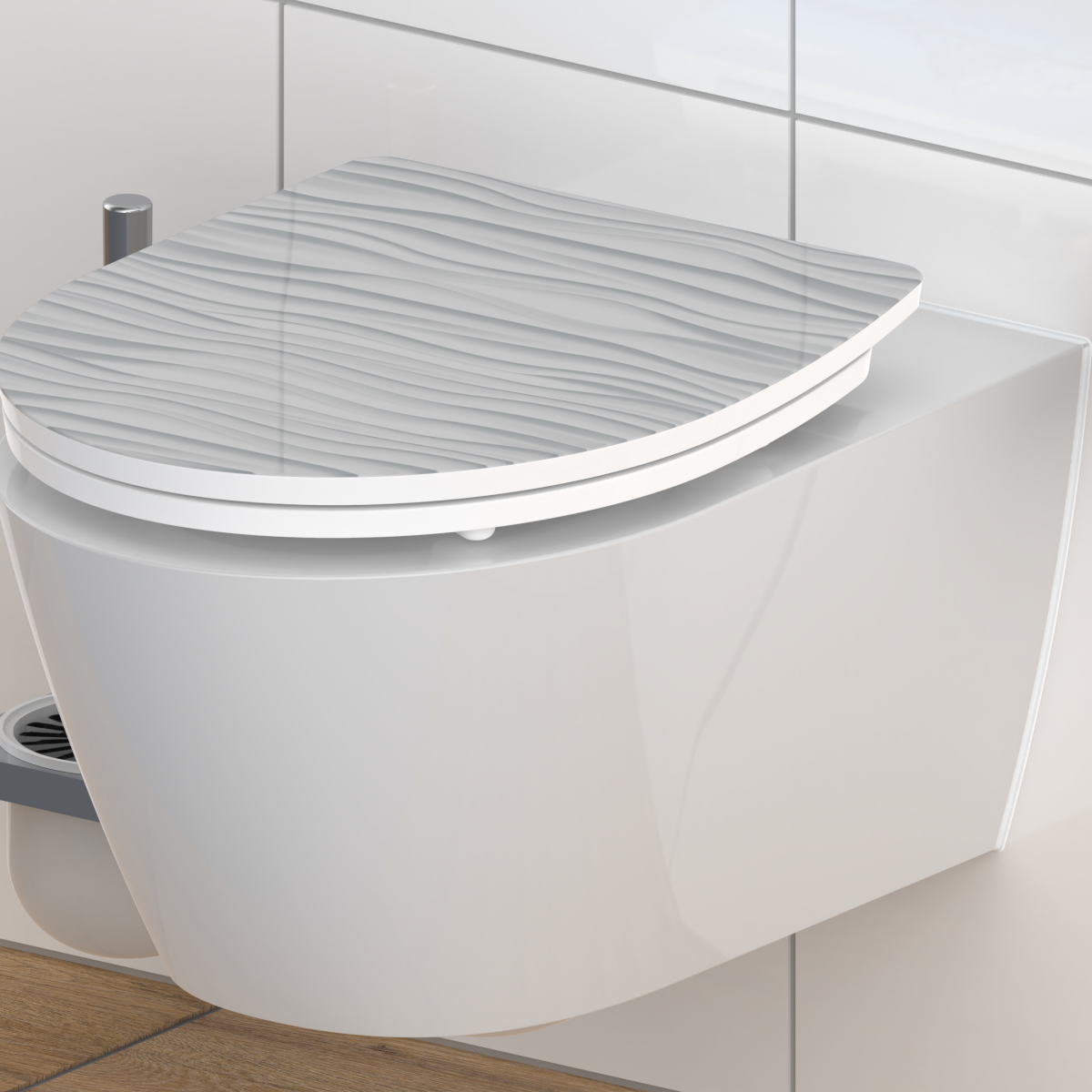 Wandhängendes WC mit geschlossenem Sitzdeckel in grauer Wellenoptik.