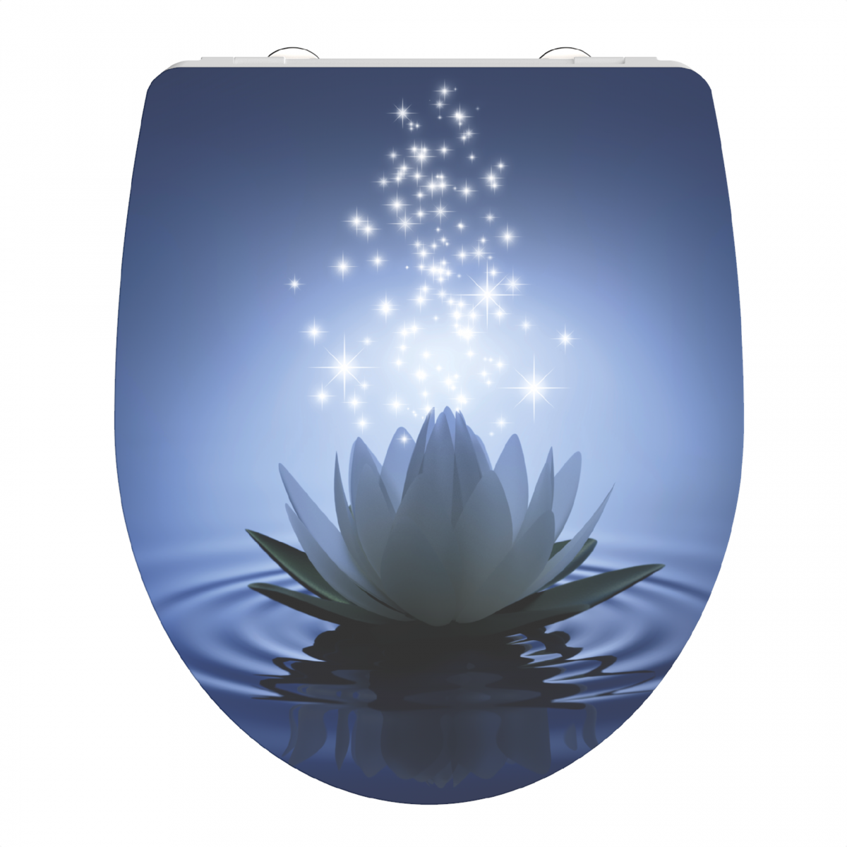 Toilettensitz mit Motiv einer weißen Seerose auf Wasser und funkelnden Lichtpunkten.