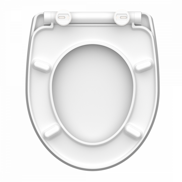 Weißer WC-Sitz von unten mit Scharnieren und vier Auflageflächen.