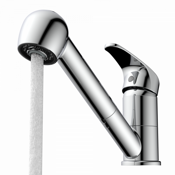 Chromfarbene Einhebel-Küchenarmatur mit ausziehbarem Auslauf und fließendem Wasserstrahl.