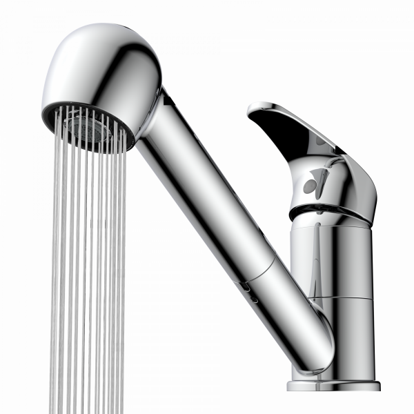 Verchromte Einhebel-Küchenarmatur mit herausgezogenem Brausekopf und laufendem Wasserstrahl.