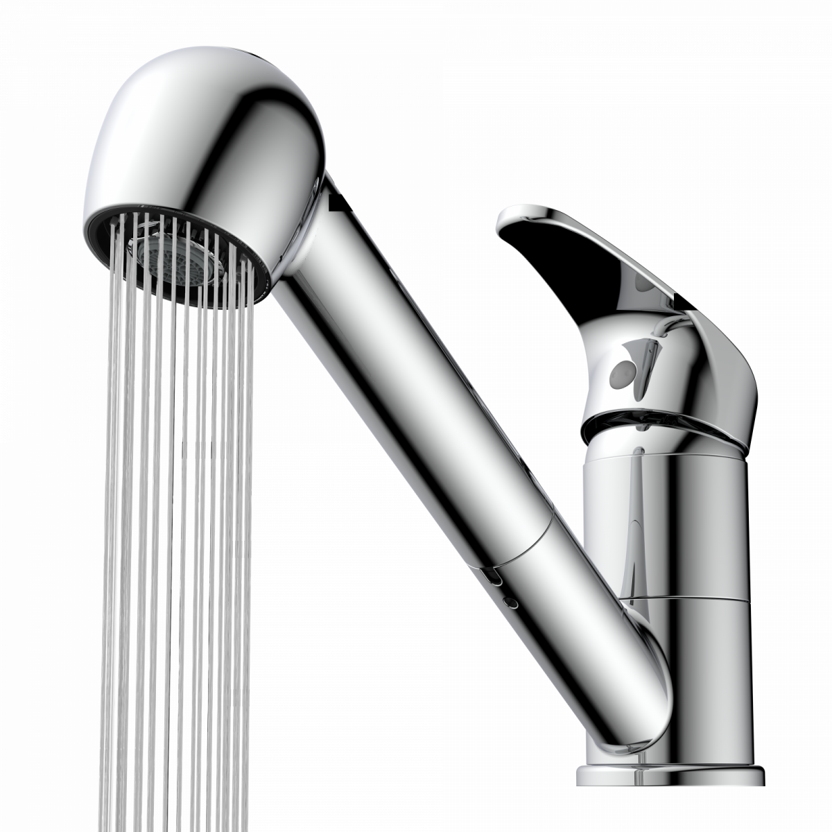 Verchromte Einhebel-Küchenarmatur mit herausgezogenem Brausekopf und laufendem Wasserstrahl.