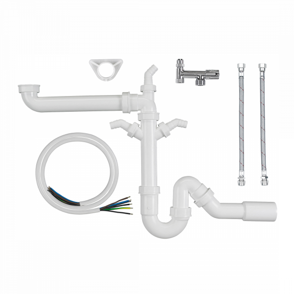 Set aus weißen Kunststoffrohren, zwei Flexschläuchen, Abzweigstück und Kabel.