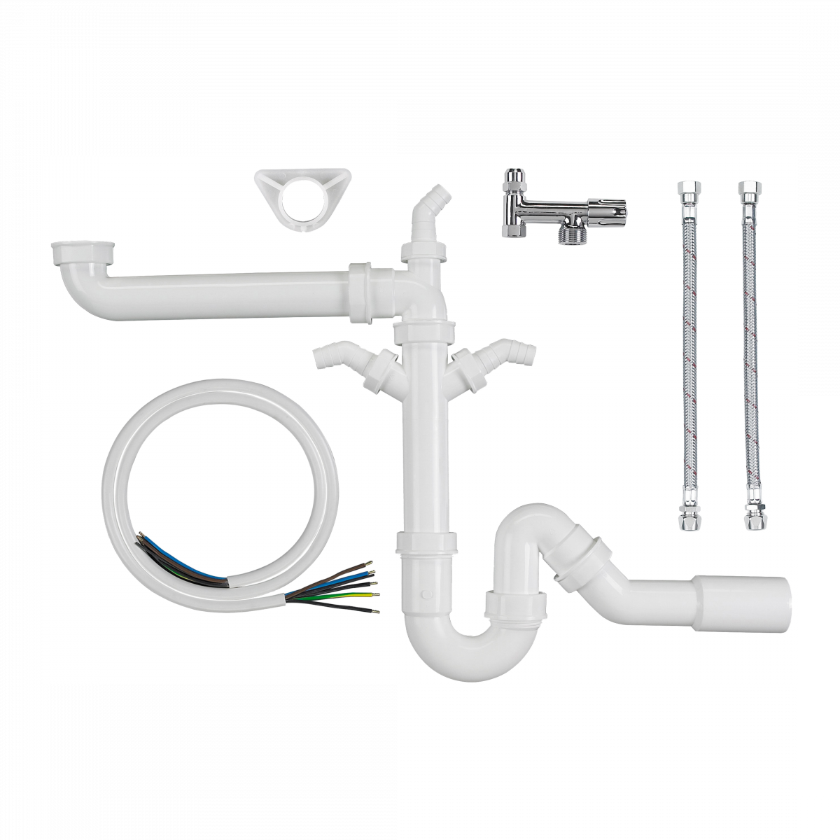Set aus weißen Kunststoffrohren, zwei Flexschläuchen, Abzweigstück und Kabel.