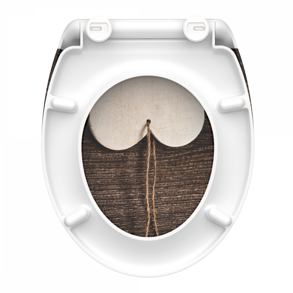 Weißer WC-Sitz mit Motiv aus Holzherz und Kordel auf brauner Holzoptik.