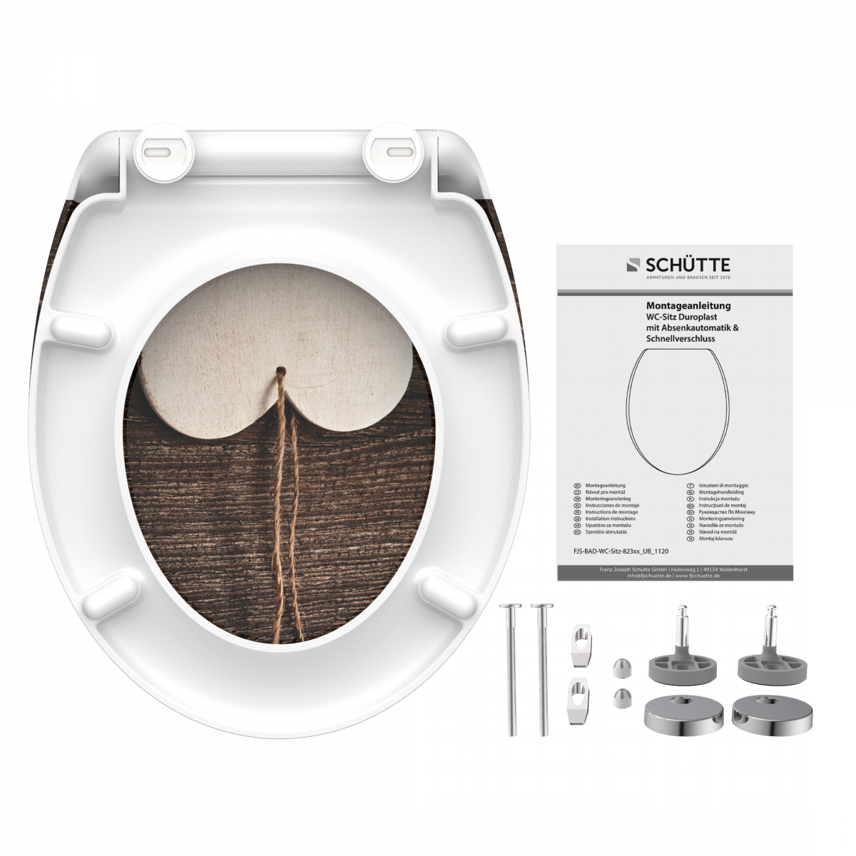 Weißer WC-Sitz mit Herz in Holzoptik, Montagematerial und Anleitung von Schütte.