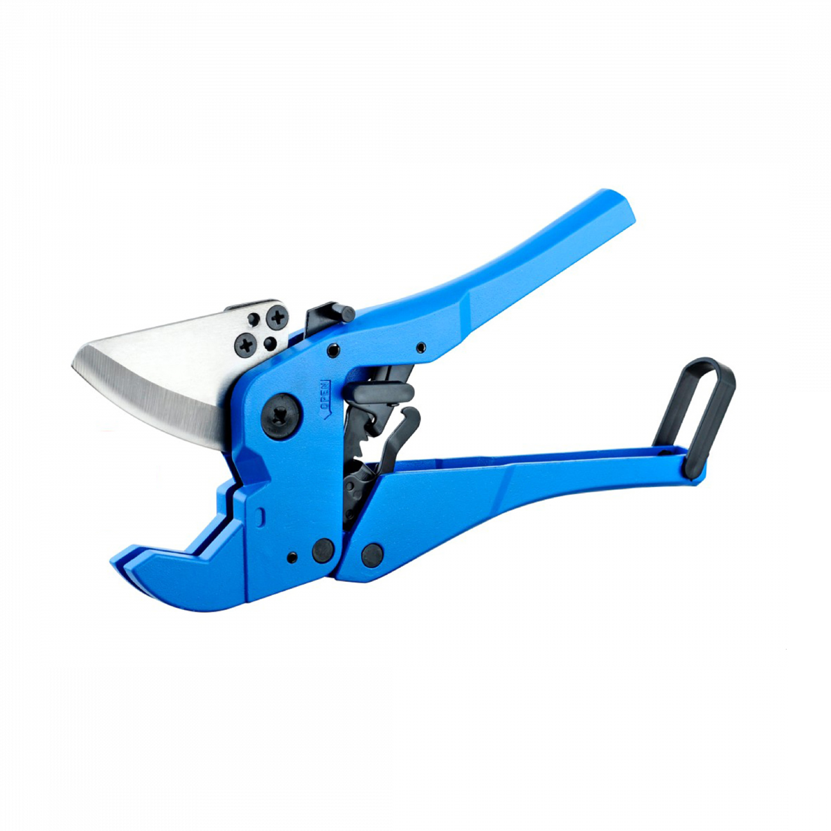 Blaue Rohrschere mit silberner Klinge und ergonomischem Griff in seitlicher Ansicht.
