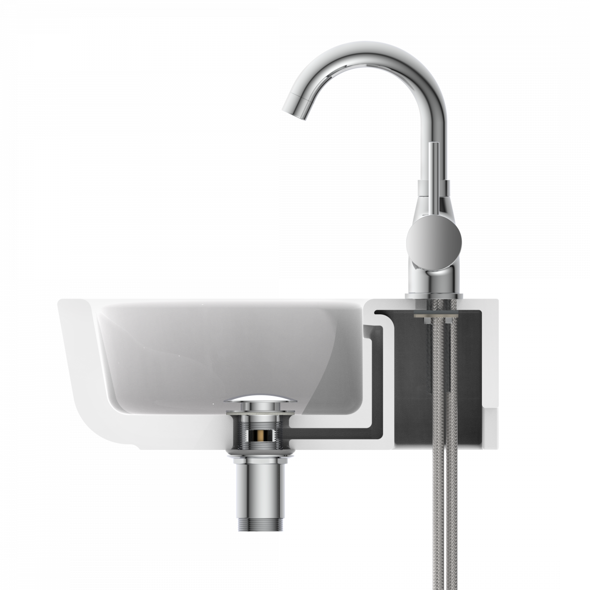 Querschnitt eines weißen Waschbeckens mit Armatur, Ablauf und sichtbarer Wasserführung.