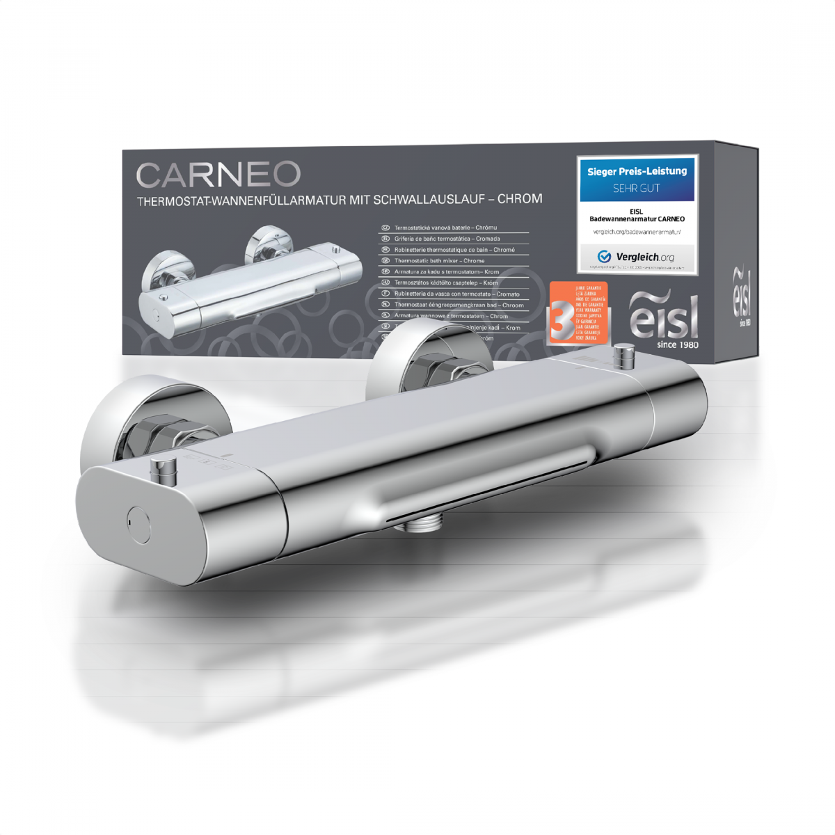 Chromfarbene Thermostat-Wannenfüllarmatur mit Schwallauslauf vor passender Produktverpackung - CARNEO