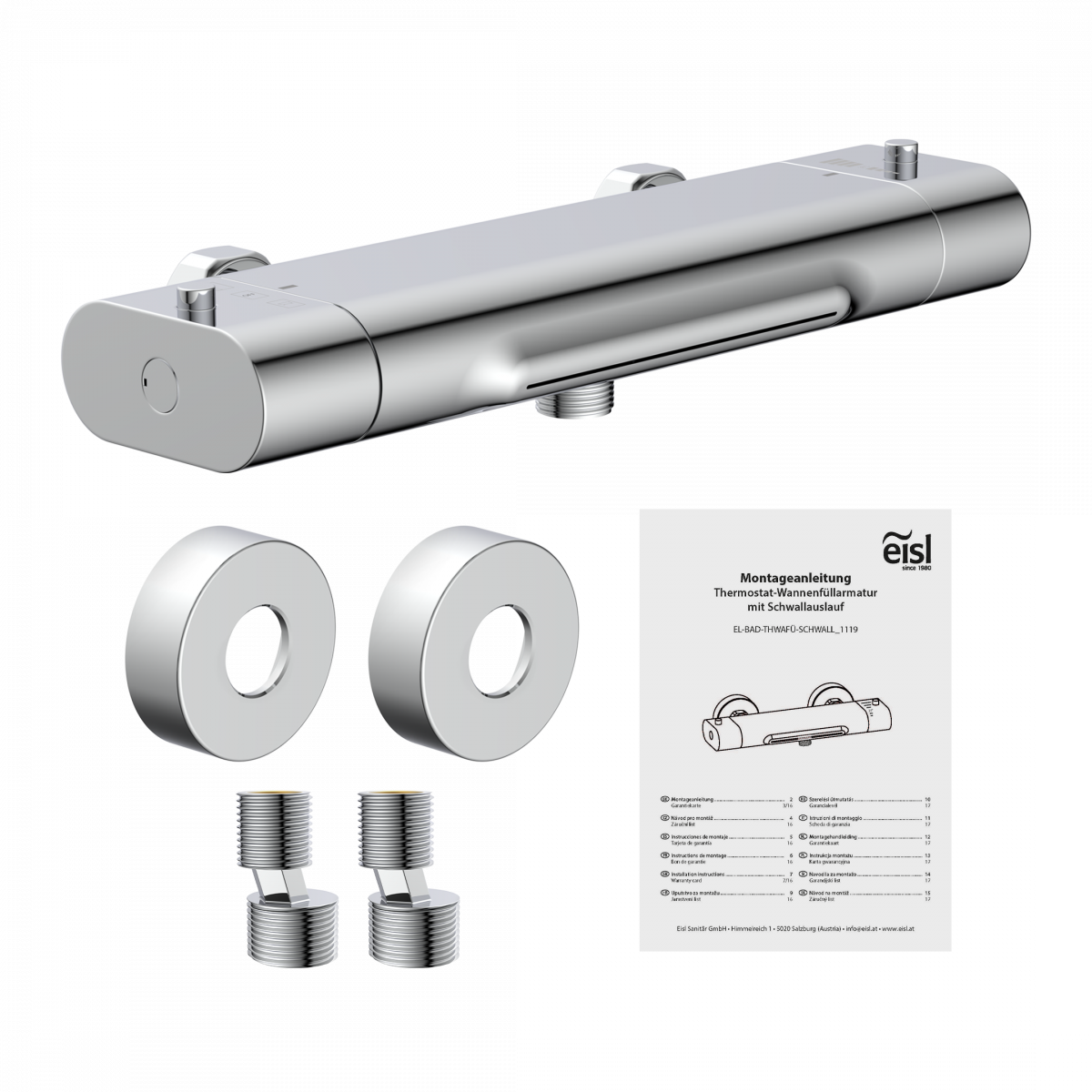 Chromfarbene Thermostat-Wannenarmatur mit Montageset, Rosetten, Anschlüssen und Anleitung.