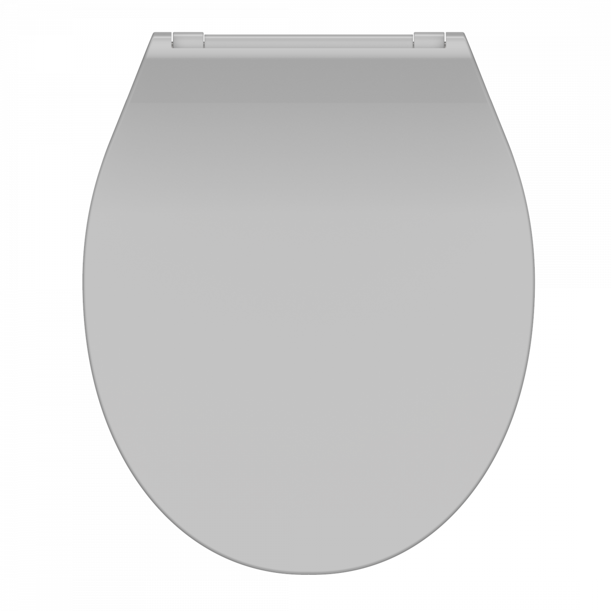 Geschlossener, ovaler WC-Sitz mit glatter grauer Oberfläche und Scharnieren oben.