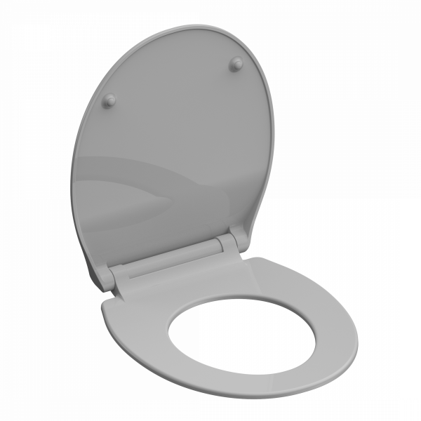 Weißer Toilettensitz mit offenem Deckel und runder Sitzöffnung.