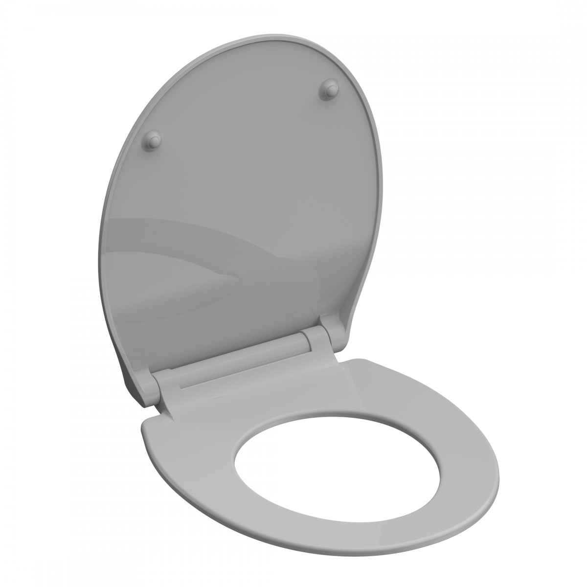 Weißer Toilettensitz mit offenem Deckel und runder Sitzöffnung.