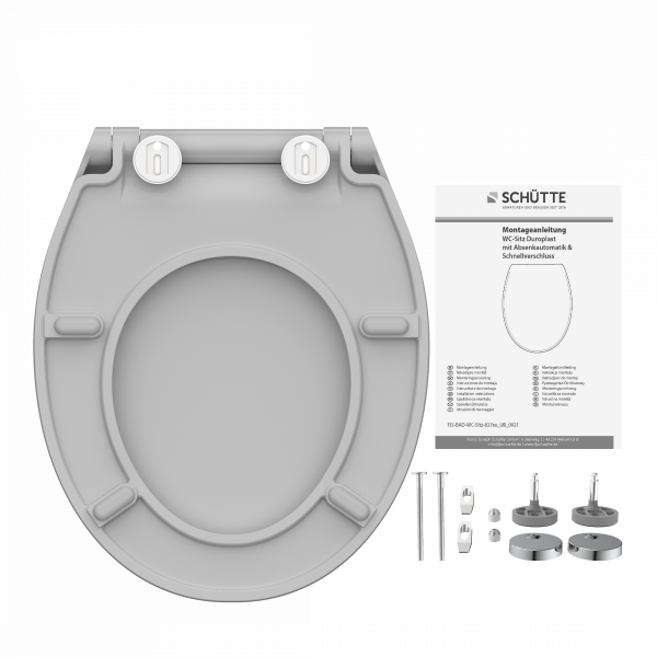 Grauer WC-Sitz von unten mit Montageset und bebilderter Anleitung daneben.
