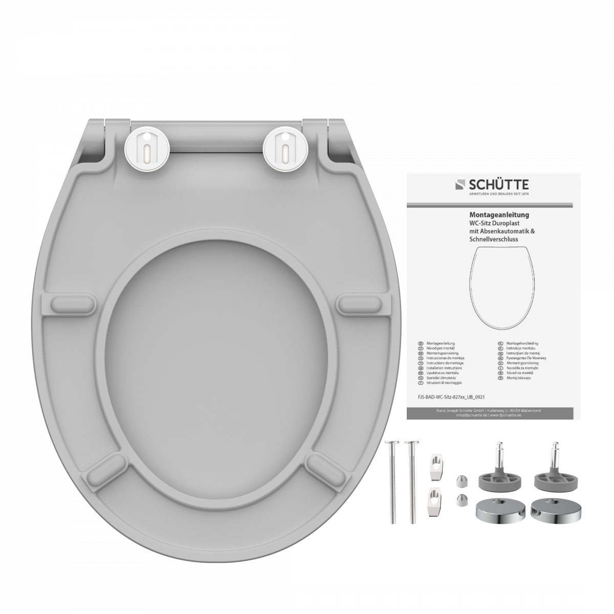 Grauer WC-Sitz von unten mit Montageset und bebilderter Anleitung daneben.