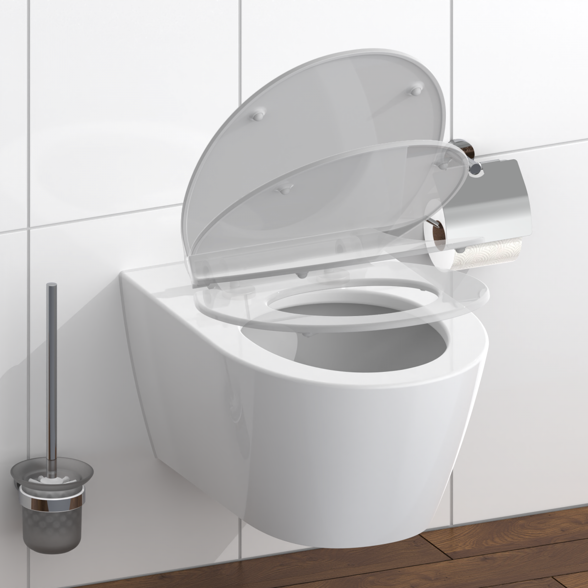 Wandhängende weiße Toilette mit hochgeklapptem Deckel und Bürstengarnitur daneben.